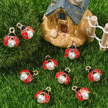 LiQunSweet 100 Pcs Enamel Ladybug Charms Mini Flying Animal Ladybirds Beetle Insect Charm with Faux Pearl Bulk for Jewelry Making DIY Findings