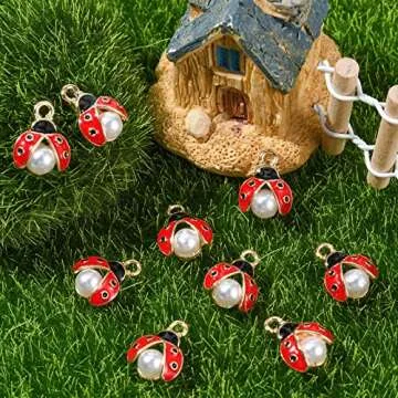 LiQunSweet 100 Pcs Enamel Ladybug Charms Mini Flying Animal Ladybirds Beetle Insect Charm with Faux Pearl Bulk for Jewelry Making DIY Findings