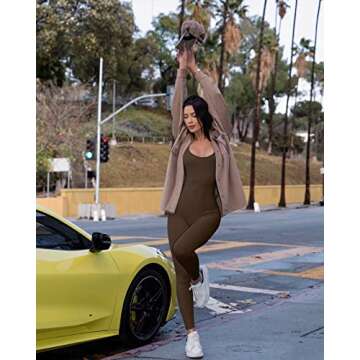 OQQ Women's Ribbed One Piece Tank Top Sleeveless Yoga Exercise Romper JumpSuit, Coffee, Small