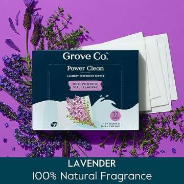 Grove Co. Laundry Detergent Sheets, Power Clean Dissolving Washer Sheets (2 Pack - 64 Loads) Tough Stain Remover, 100% Natural Lavender Blossom & Thyme Fragrance