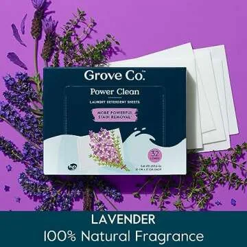 Grove Co. Laundry Detergent Sheets, Power Clean Dissolving Washer Sheets (2 Pack - 64 Loads) Tough Stain Remover, 100% Natural Lavender Blossom & Thyme Fragrance