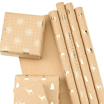 RUSPEPA Kraft Wrapping Paper - Gold Foil Christmas Tree, Reindeer & Snowflakes - 6 Sheets