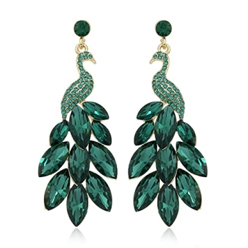 Vintage Peacock Dangle Earrings for Women Girls Gold-Toned Green Crystal Feather Peafowl Statement D...
