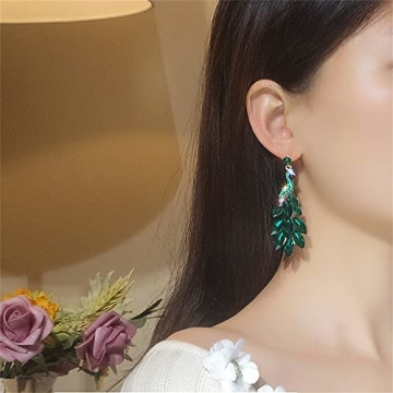 Vintage Peacock Dangle Earrings for Women Girls Gold-Toned Green Crystal Feather Peafowl Statement Drop Dangling Stud Earring Boho Exaggerated Birthday Holiday Jewelry Gifts (Green)