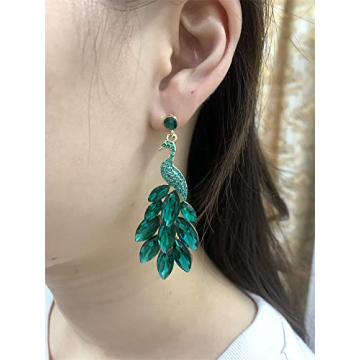 Vintage Peacock Dangle Earrings for Women Girls Gold-Toned Green Crystal Feather Peafowl Statement Drop Dangling Stud Earring Boho Exaggerated Birthday Holiday Jewelry Gifts (Green)