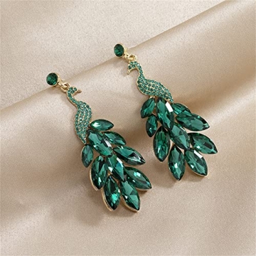 Vintage Peacock Dangle Earrings for Women Girls Gold-Toned Green Crystal Feather Peafowl Statement Drop Dangling Stud Earring Boho Exaggerated Birthday Holiday Jewelry Gifts (Green)