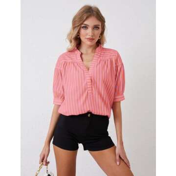 MSBESYOR Women Puff Short Sleeve Blouses Striped V Neck Loose Business Casual Shirts Office Work Dressy T Shirt Tops Pink