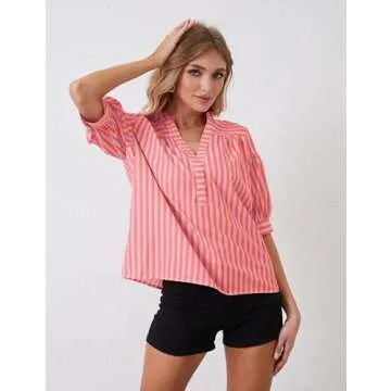 MSBESYOR Women Puff Short Sleeve Blouses Striped V Neck Loose Business Casual Shirts Office Work Dressy T Shirt Tops Pink