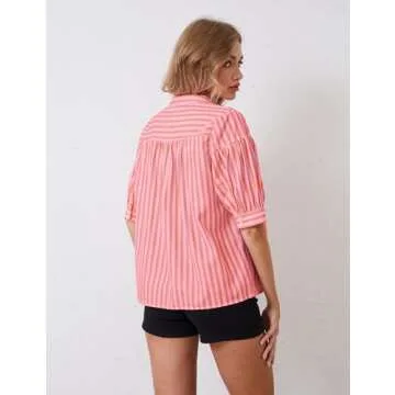 MSBESYOR Women Puff Short Sleeve Blouses Striped V Neck Loose Business Casual Shirts Office Work Dressy T Shirt Tops Pink