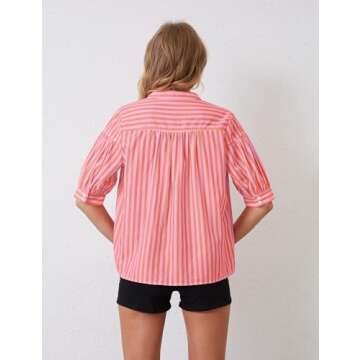 MSBESYOR Women Puff Short Sleeve Blouses Striped V Neck Loose Business Casual Shirts Office Work Dressy T Shirt Tops Pink