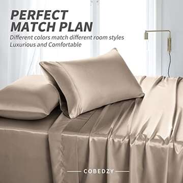 Cobedzy 4 Pieces Taupe Satin Sheets King Size Bed Set, Luxury Silky Satin Bedding Sheets Set with 1 Deep Pocket Fitted Sheet, 1 Soft Flat Sheet, 2 Pillowcases