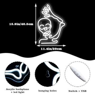 LookLight Skeleton Skull Neon Sign,White Skeleton Neon Sign,Skull Halloween Decor,Neon Signs for Wal...