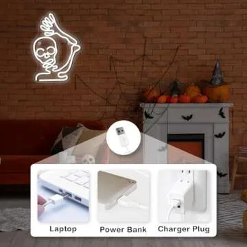 LookLight Skeleton Skull Neon Sign,White Skeleton Neon Sign,Skull Halloween Decor,Neon Signs for Wall Decor,Waving Skull Skeleton Neon Light Sign By USB Led Neon Signs for Bar Club Party