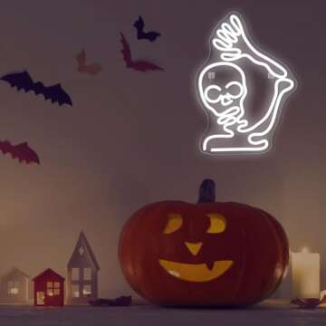 LookLight Skeleton Skull Neon Sign,White Skeleton Neon Sign,Skull Halloween Decor,Neon Signs for Wall Decor,Waving Skull Skeleton Neon Light Sign By USB Led Neon Signs for Bar Club Party