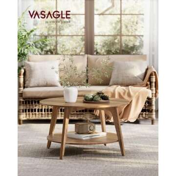 VASAGLE Round Coffee Table, 2 Tier Coffee Table with Storage, Modern Design, Honey Brown