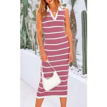 PRETTYGARDEN Womens Summer Bodycon Midi Dresses Sleeveless V Neck Sundresses Simi Formal Dresses Casual Striped Knit Dress (Dusty Pink,Small)