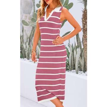 PRETTYGARDEN Womens Summer Bodycon Midi Dresses Sleeveless V Neck Sundresses Simi Formal Dresses Casual Striped Knit Dress (Dusty Pink,Small)