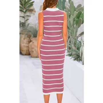 PRETTYGARDEN Womens Summer Bodycon Midi Dresses Sleeveless V Neck Sundresses Simi Formal Dresses Casual Striped Knit Dress (Dusty Pink,Small)