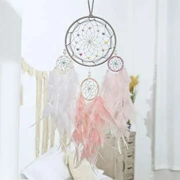 Keponbee Dream Catcher for Girl Pink, Handmade Romantic Unique Dreamcatcher Beads and Feathers Wall Hanging Ornament Gift for Bedroom