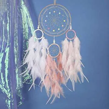 Keponbee Dream Catcher for Girl Pink, Handmade Romantic Unique Dreamcatcher Beads and Feathers Wall Hanging Ornament Gift for Bedroom