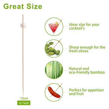 200 Pcs Cocktail Picks, 4.7 Inch Toothpicks for Appetizers, Bamboo Cocktail Sticks Skewers for Drinks, Desserts, Charcuterie, Wedding Party Fancy Toothpicks, Natural Pearl Mini Food Picks Decorative
