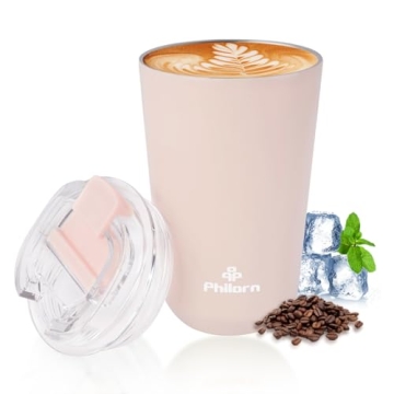 PHILORN Pink Coffee Tumbler - 12 OZ Insulated Coffee Mug With Lid, Leak Proof Thermo Cup for Hot and...