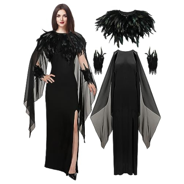 Elegant Halloween Witch Costume with Feather Cape and Cuffs