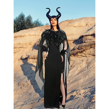 Elegant Halloween Witch Costume with Feather Cape and Cuffs