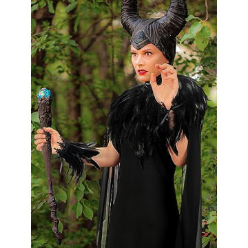 Elegant Halloween Witch Costume with Feather Cape and Cuffs