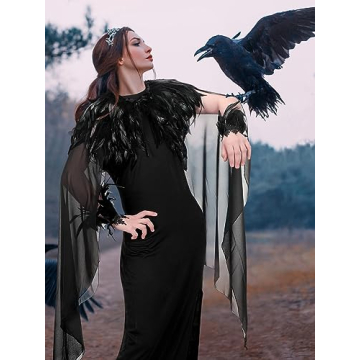 Elegant Halloween Witch Costume with Feather Cape and Cuffs