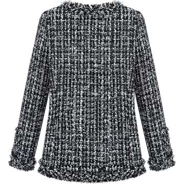 ebossy Women's Elegant Open Front Round Neck Fringed Plaid Tweed Jacket (X-Small, Black)