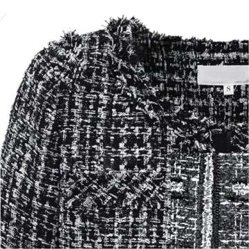 ebossy Women's Elegant Open Front Round Neck Fringed Plaid Tweed Jacket (X-Small, Black)