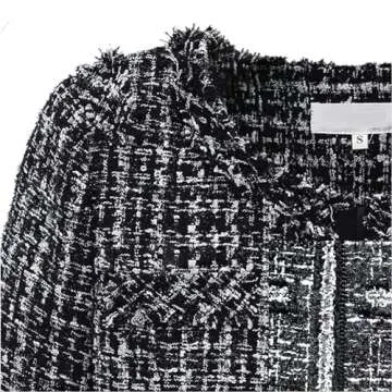 ebossy Women's Elegant Open Front Round Neck Fringed Plaid Tweed Jacket (X-Small, Black)