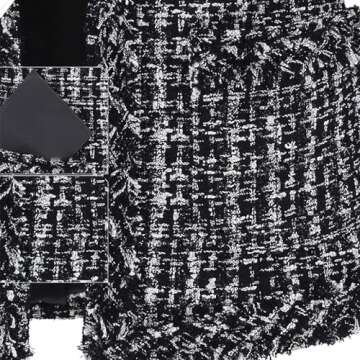 ebossy Women's Elegant Open Front Round Neck Fringed Plaid Tweed Jacket (X-Small, Black)