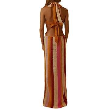 Low Cut Ribbed Knit Long Bodycon Sling Dress Sleeveless Spaghetti Straps Night Club Party Maxi Dress for Women (Knit Dress Stripe, S)