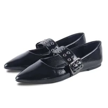 ADAMUMU Black Buckle Flats Ballerina Flat Leather Shoes for Women Pointed Toe Perfect for Any Occasi...