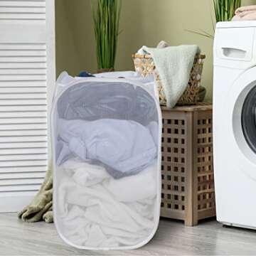 Smart Design Mesh Pop Up Flip Laundry Hamper and Basket - Handles and Side Zipper - Durable Fabric Collapsible Design - Clothes, Toys - Home - Holds 3 Loads - 15 x 25 Inch - White