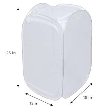 Smart Design Mesh Pop Up Flip Laundry Hamper and Basket - Handles and Side Zipper - Durable Fabric Collapsible Design - Clothes, Toys - Home - Holds 3 Loads - 15 x 25 Inch - White