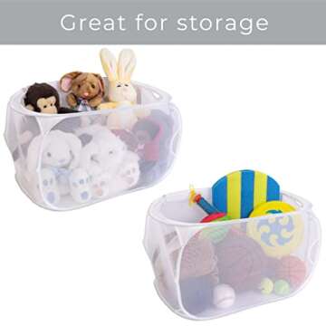 Smart Design Mesh Pop Up Flip Laundry Hamper and Basket - Handles and Side Zipper - Durable Fabric Collapsible Design - Clothes, Toys - Home - Holds 3 Loads - 15 x 25 Inch - White