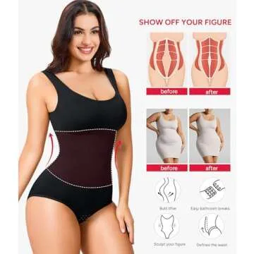 Nebility Women Waist Trainer Bodysuit Slim Full Body Shapewear Seamless Round Neck Jumpsuits Tummy Control Tops (XL/2XL, Black)