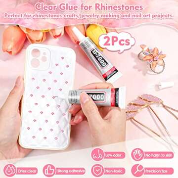 shynek 14000Pcs Flatback Pink Rhinestones with B7000 Adhesive Glue, Non Hotfix AB Color Jelly Resin Rhinestones Gems with Tweezer & Picker Pens for Shoes, Tumblers, Clothes Decoration