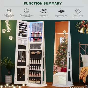 HNEBC 360° Rotating Jewelry Cabinet with Lights, 63"H Standing Jewelry Armoire Organizer with Mirro...