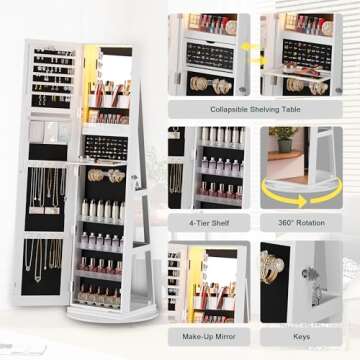 HNEBC 360° Rotating Jewelry Cabinet with Lights, 63"H Standing Jewelry Armoire Organizer with Mirror, Full Length Mirror with Jewelry Storage, Lockable Lagre Jewelry Organizer Stand for Wonen (White)