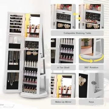 HNEBC 360° Rotating Jewelry Cabinet with Lights, 63"H Standing Jewelry Armoire Organizer with Mirror, Full Length Mirror with Jewelry Storage, Lockable Lagre Jewelry Organizer Stand for Wonen (White)