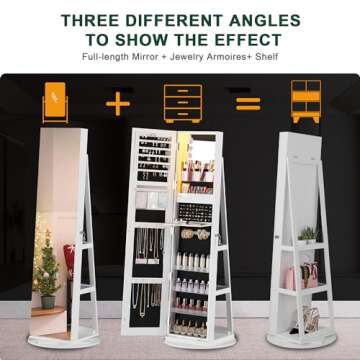 HNEBC 360° Rotating Jewelry Cabinet with Lights, 63"H Standing Jewelry Armoire Organizer with Mirror, Full Length Mirror with Jewelry Storage, Lockable Lagre Jewelry Organizer Stand for Wonen (White)