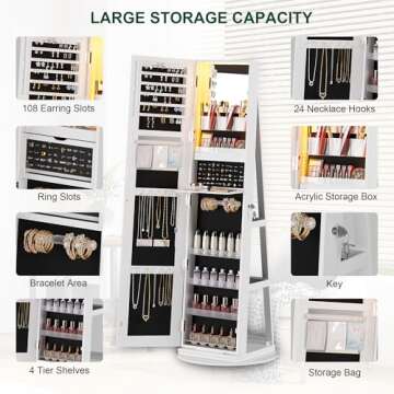 HNEBC 360° Rotating Jewelry Cabinet with Lights, 63"H Standing Jewelry Armoire Organizer with Mirror, Full Length Mirror with Jewelry Storage, Lockable Lagre Jewelry Organizer Stand for Wonen (White)