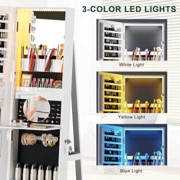 HNEBC 360° Rotating Jewelry Cabinet with Lights, 63"H Standing Jewelry Armoire Organizer with Mirror, Full Length Mirror with Jewelry Storage, Lockable Lagre Jewelry Organizer Stand for Wonen (White)