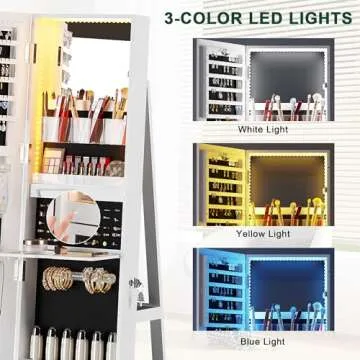 HNEBC 360° Rotating Jewelry Cabinet with Lights, 63"H Standing Jewelry Armoire Organizer with Mirror, Full Length Mirror with Jewelry Storage, Lockable Lagre Jewelry Organizer Stand for Wonen (White)
