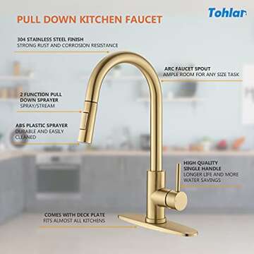 Tohlar Gold Kitchen Faucet with Pull Down Sprayer, Gold Kitchen Sink Faucet for 1 or 3 Hole, Modern ...