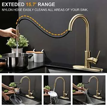 Tohlar Gold Kitchen Faucet with Pull Down Sprayer, Gold Kitchen Sink Faucet for 1 or 3 Hole, Modern Stainless Steel Sink Faucet with Deck Plate for Farmhouse Laundry Rv, Brushed Gold